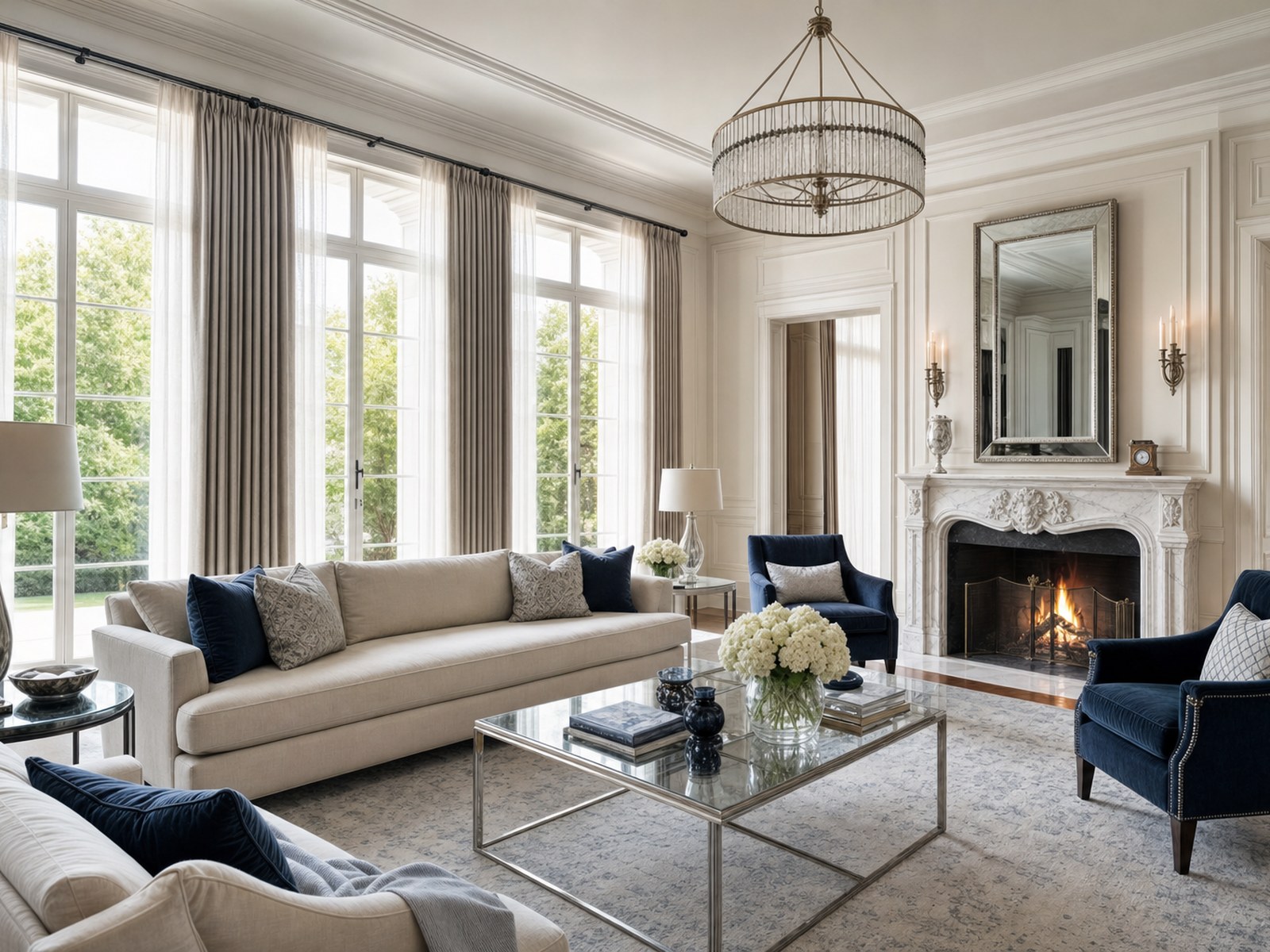 An elegant formal drawing room interior with navy and neutral tones, symbolizing overlapping trust and accountability