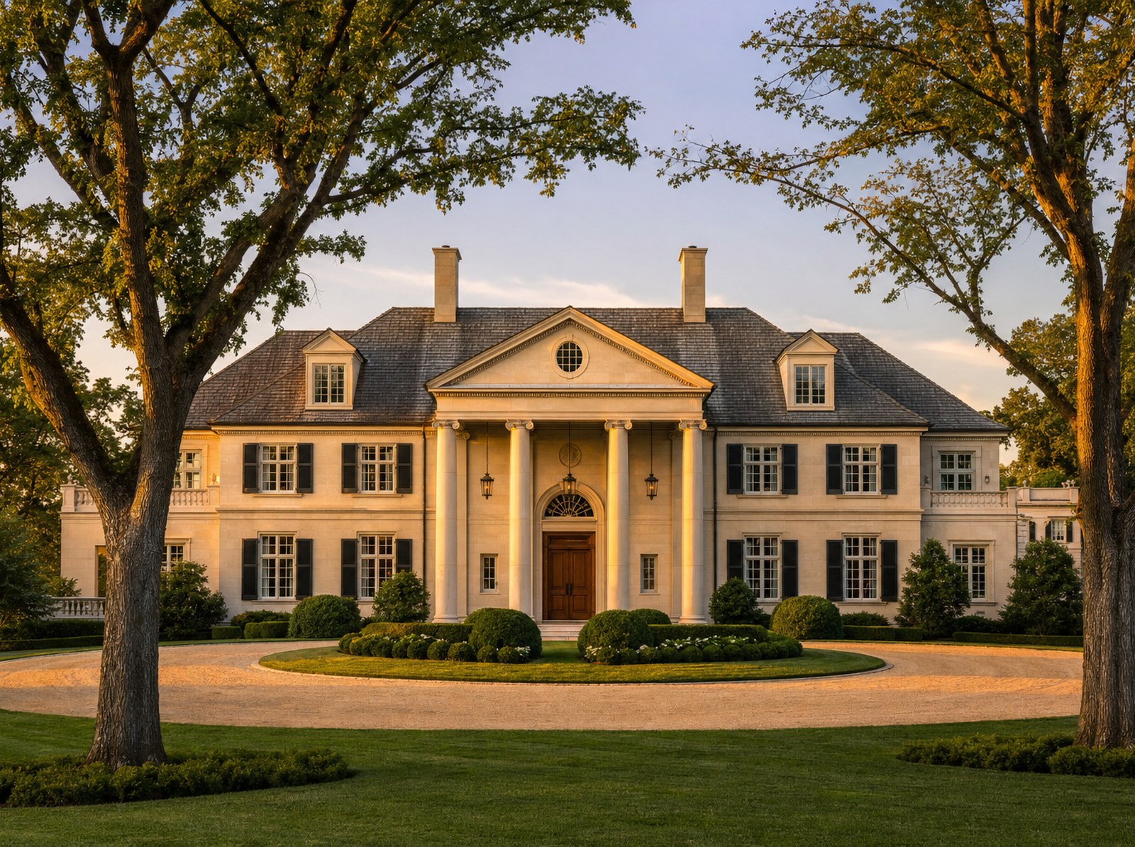 A stately luxury estate home exterior in golden-hour light, with grand symmetrical facade and tree-lined driveway, symbolizing collective membership